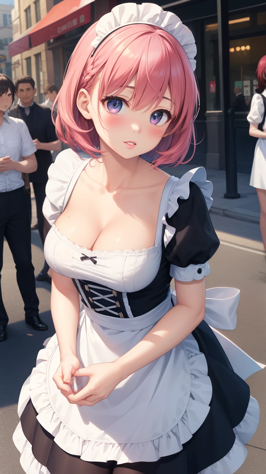 1girl, natural lighting, masterpiece, highly detailed, illustration, game CG, absurdres, high quality, aichan, large breasts, beautiful detailed eyes, medium bright pink hair, bangs, glossy lips, lips parted, blush, city street, maid, short puffy sleeves, small maid apron, thigh highs, collarbone, cleavage, (crowd)