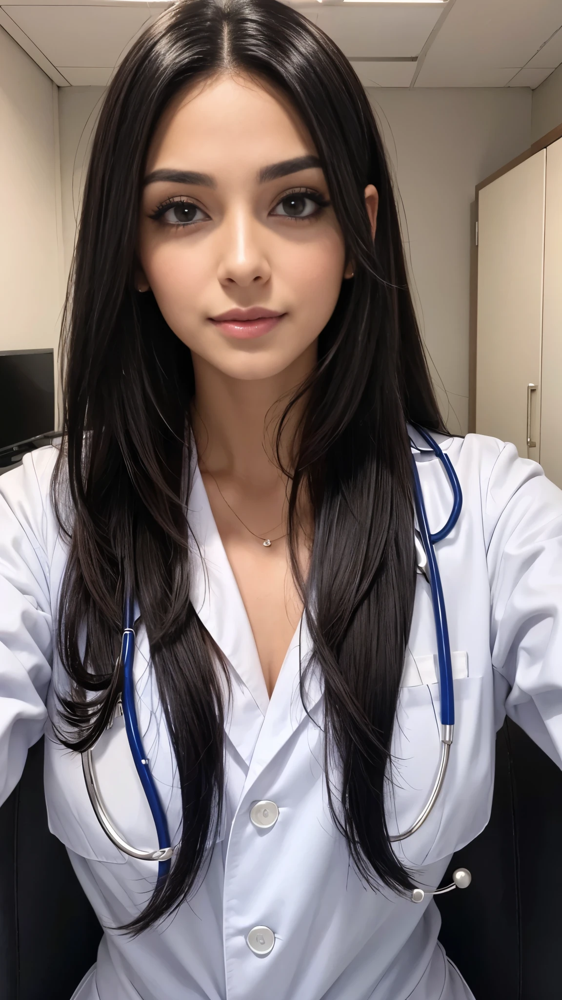 Beautiful black-haired doctor with brown eyes and long hair, con hermoso maquillaje, in a doctor's office, daring and sensual photo session