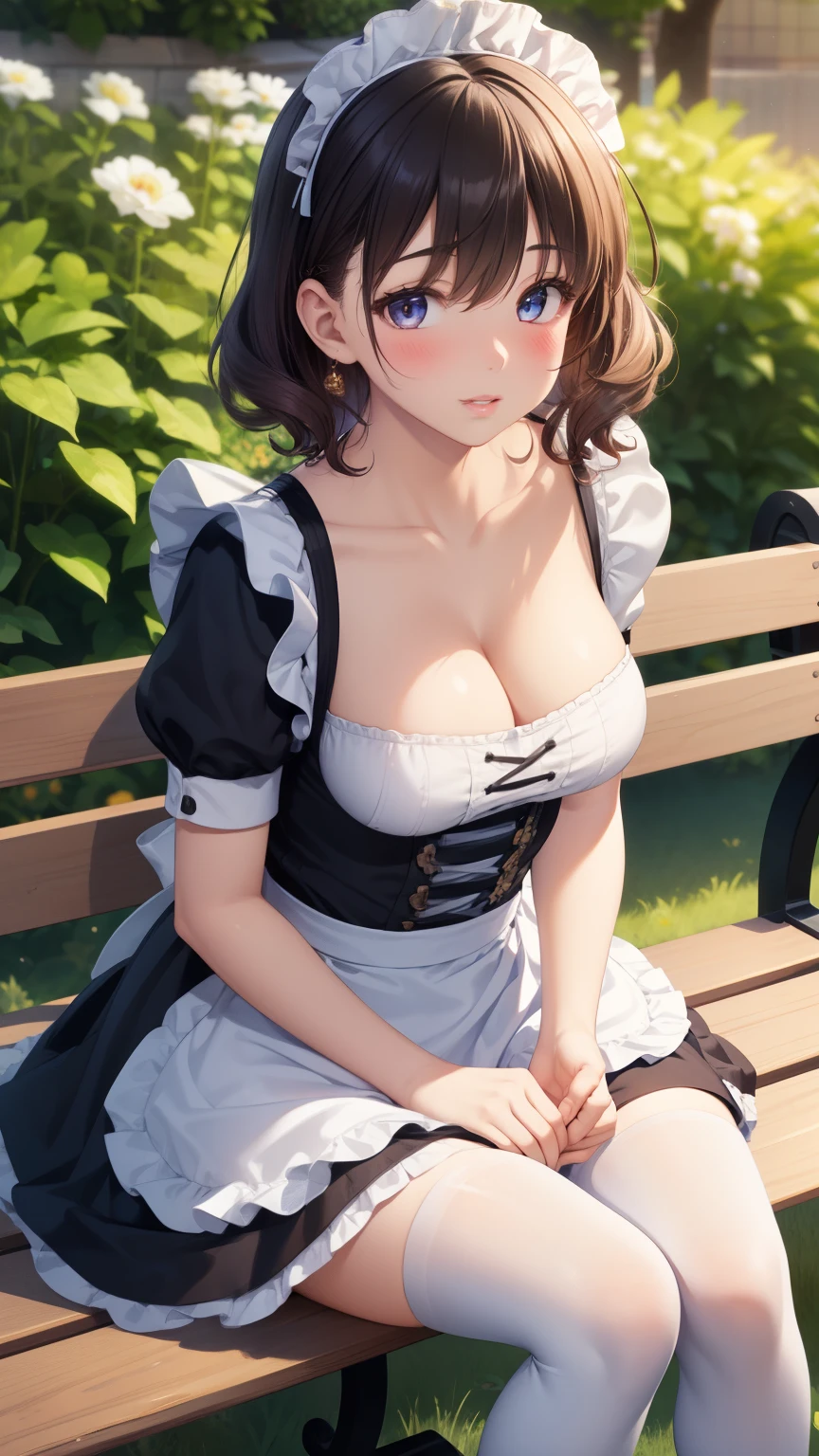 1girl, natural lighting, masterpiece, highly detailed, illustration, game CG, absurdres, high quality, aichan, large breasts, beautiful detailed eyes, medium curly hair, bangs, glossy lips, lips parted, blush, garden, bench, sitting, maid, short puffy sleeves, small maid apron, white thigh highs, collarbone, cleavage