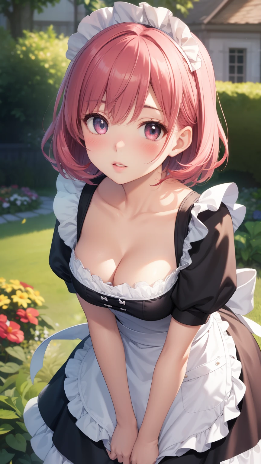 1girl, natural lighting, masterpiece, highly detailed, illustration, game CG, absurdres, high quality, aichan, large breasts, beautiful detailed eyes, medium bright pink hair, bangs, glossy lips, lips parted, blush, garden, maid, short puffy sleeves, small maid apron, thigh highs, collarbone, cleavage, leaning forward