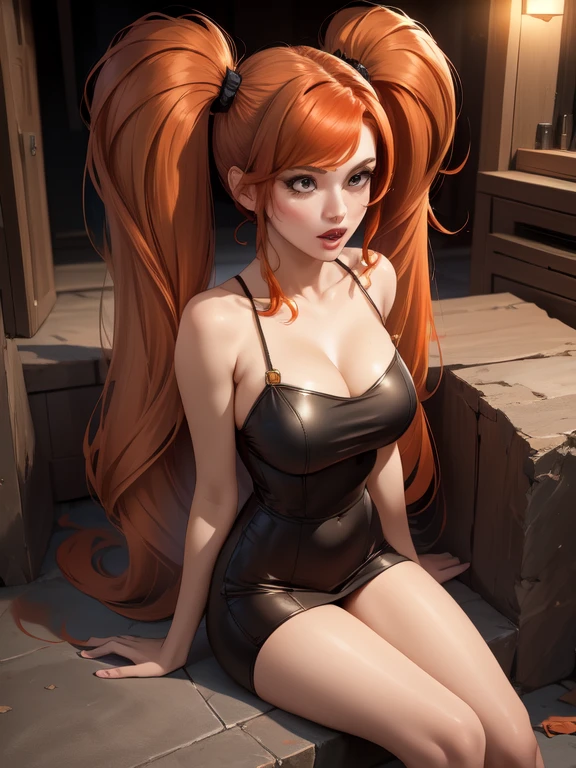 beautiful woman with orange hair (mega twintails) 8k, masterpiece, highly detailed, solo,
Underground city,
tilt shot,
staggering,
ecstatic,
tube top