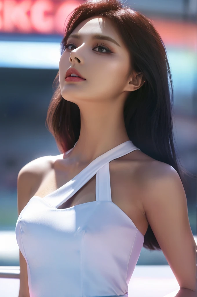 Tzuyu 1, woman, (Realistic), (Hyperrealism), (photoRealistic), Depth of written boundary, eye make up:0.7 (whole body:1.2), (Large Bust),(Tight waist), Watching the audience,In the pits at the racing track, Race Queen, Sexy dress with open shoulders and neckline