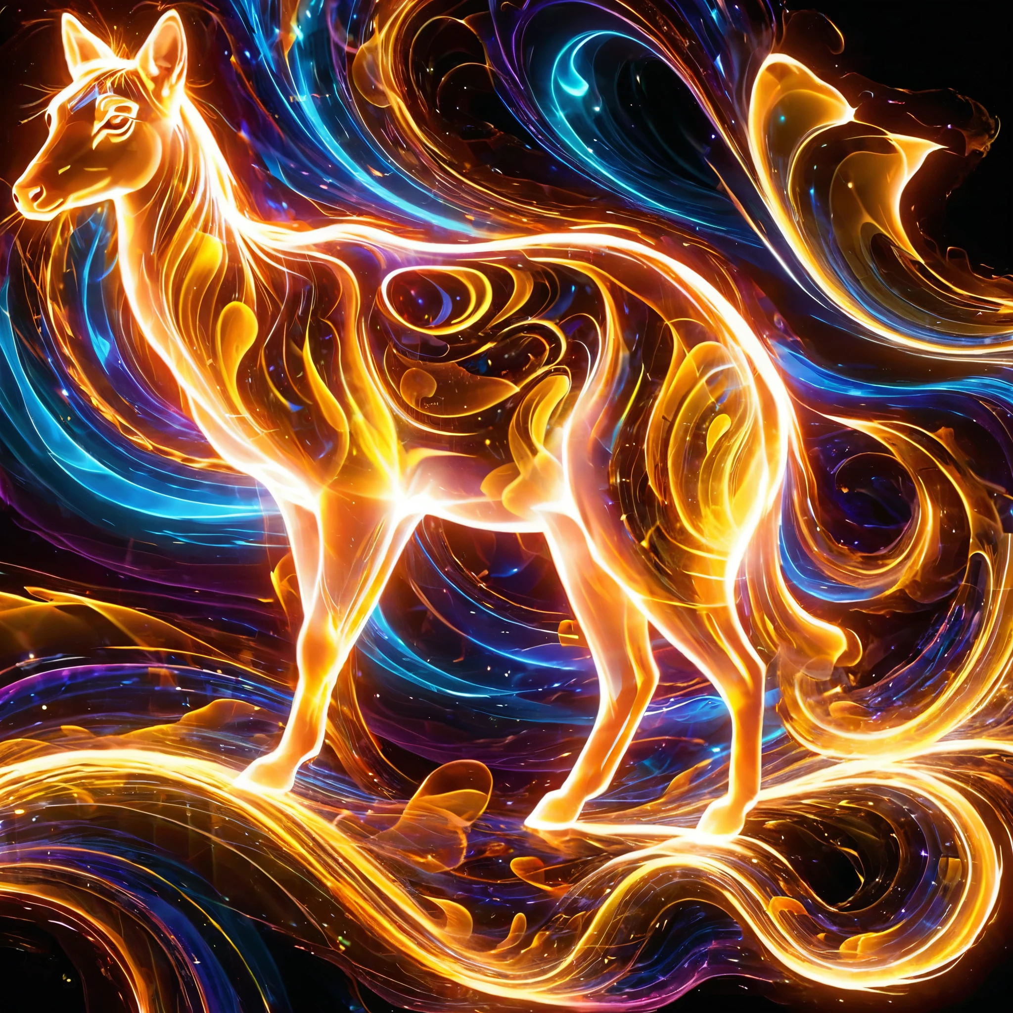 Glowing energy forms the shapes of random animals, forming intricate patterns that seem to ripple and shift with the passage of time.
