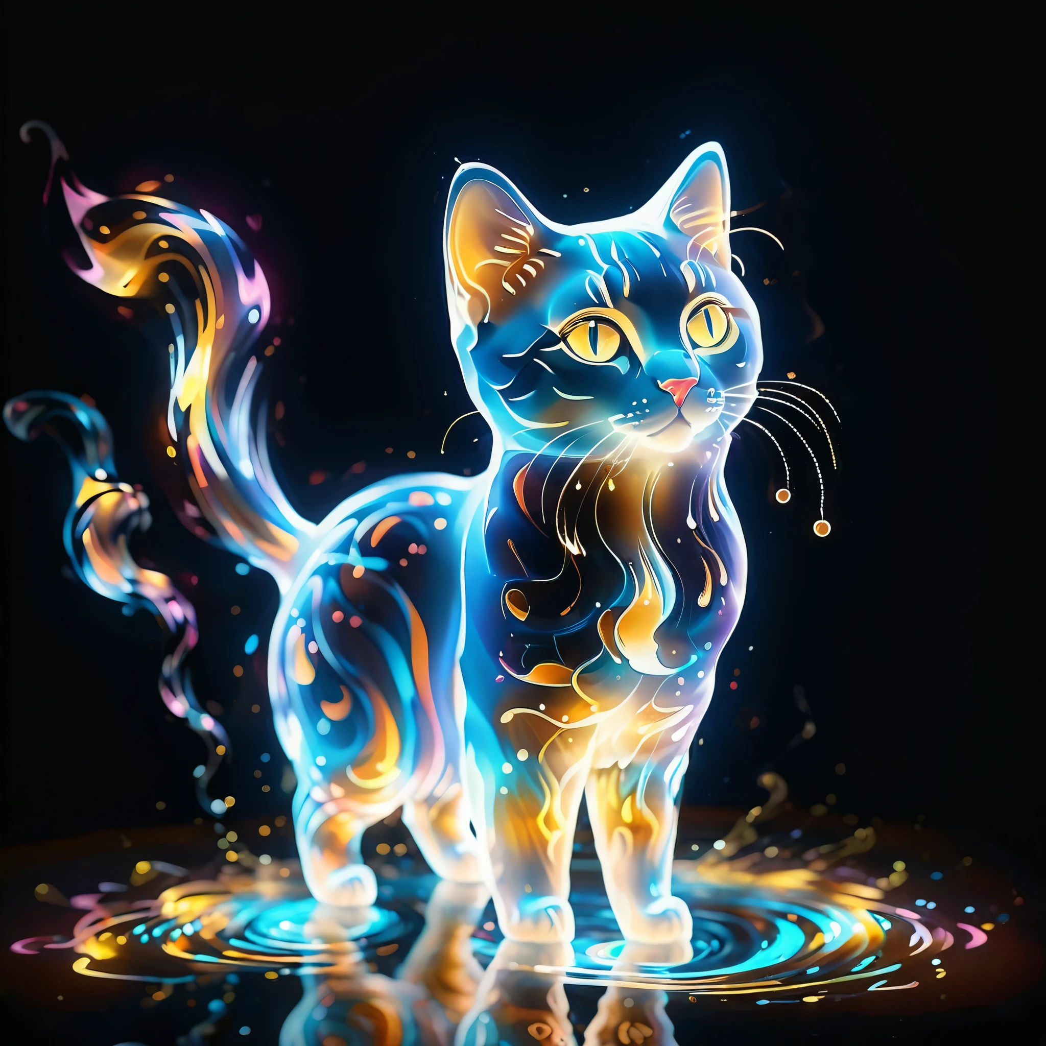 Glowing energy forms the shapes of a cute cat, forming intricate patterns that seem to ripple and shift with the passage of time.