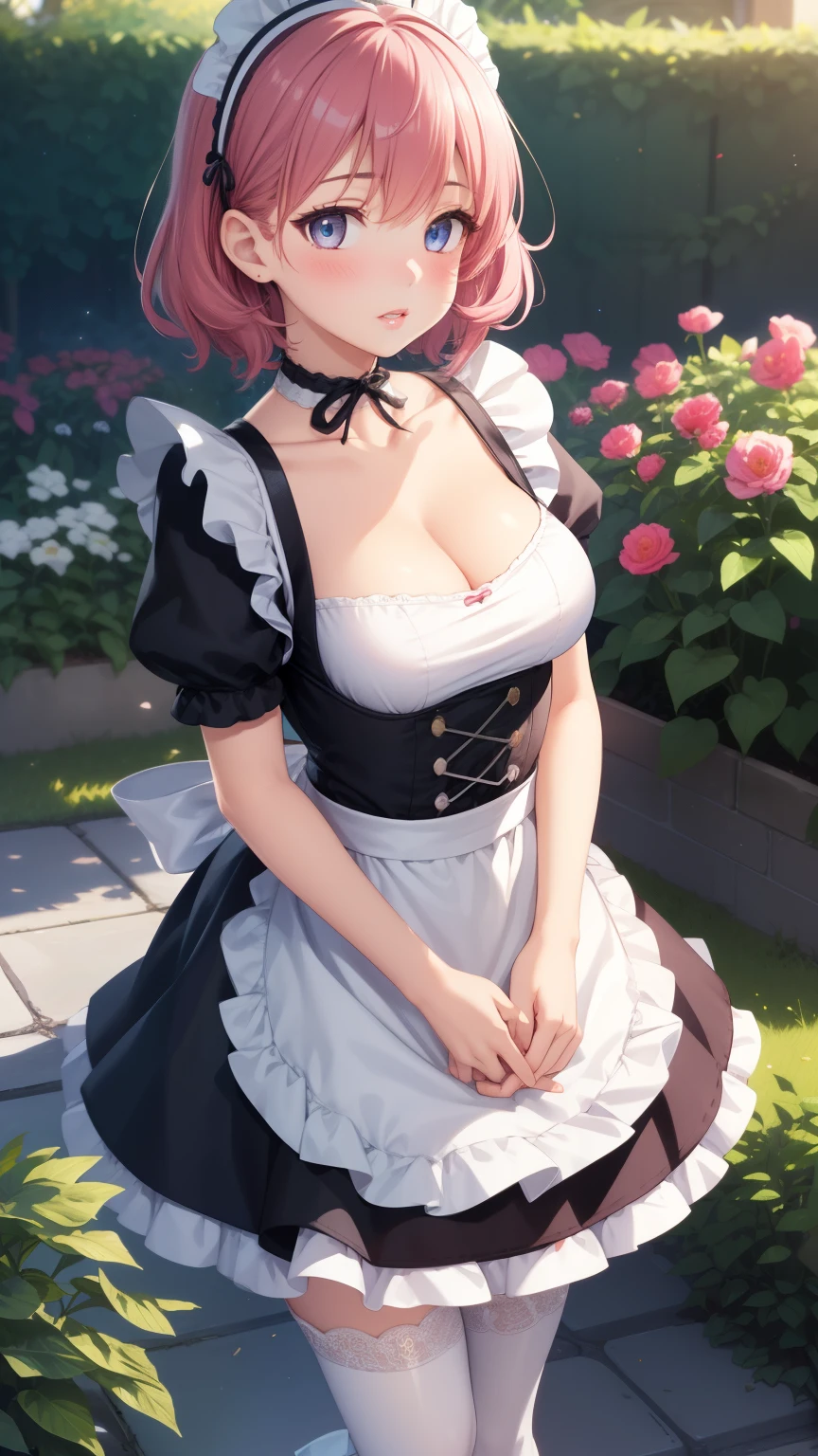 1girl, natural lighting, masterpiece, highly detailed, illustration, game CG, absurdres, high quality, aichan, large breasts, beautiful detailed eyes, medium bright pink hair, bangs, glossy lips, lips parted, blush, garden, maid, short puffy sleeves, small maid apron, thigh highs, collarbone, cleavage