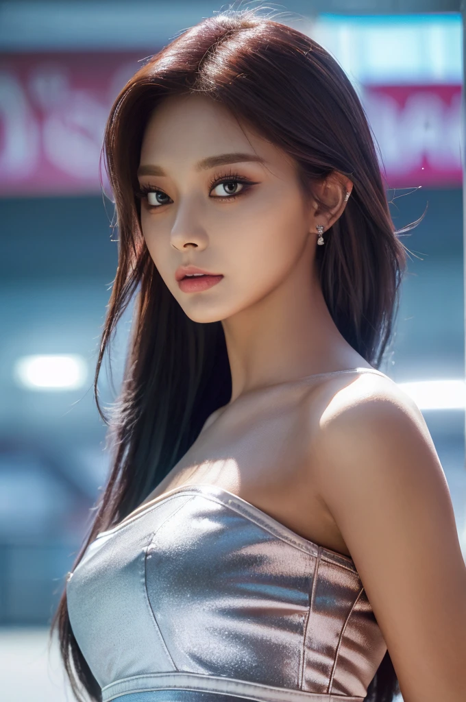 Tzuyu 1, woman, (Realistic), (Hyperrealism), (photoRealistic), Depth of written boundary, eye make up:0.7 (whole body:1.2), (Large Bust),(Tight waist), Watching the audience,In the pits at the racing track, Race Queen, Sexy dress with open shoulders and neckline