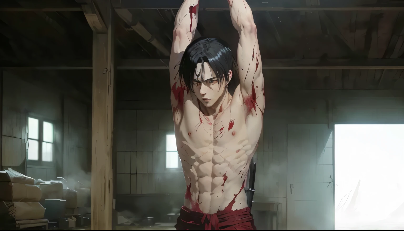 anime man with blood on his body holding a knife above his head, levi ackerman, from attack on titan, in attack on titan, (attack on titans anime), muscular!, muscular!!, in the anime film, eren jaeger, red scales on his back, eren yeager, shingeki no kyojin