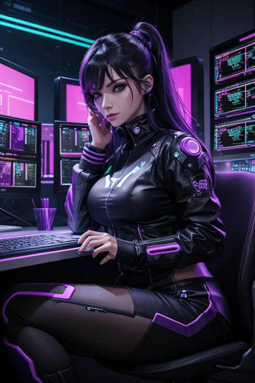 estilo cyberpunk mujer programanado con canjis violetas en una pc con tres monitores,