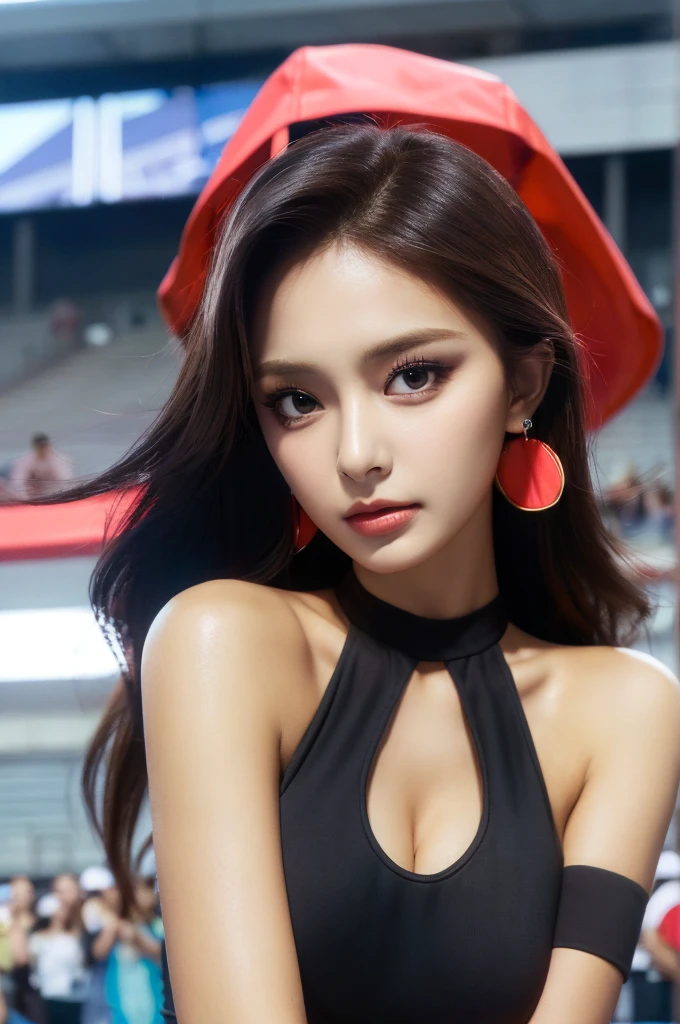 Tzuyu 1, woman, (Realistic), (Hyperrealism), (photoRealistic), Depth of written boundary, eye make up:0.7 (whole body:1.2), (Large Bust),(Tight waist), Watching the audience,In the pits at the racing track, Race Queen, Sexy dress with open shoulders and neckline