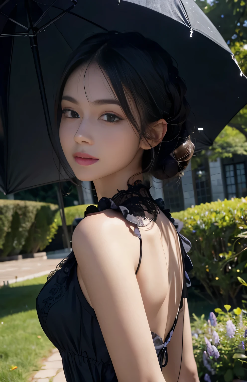 (Ultra-realistic) , (figure), (Increase the resolution), (8k), (Very detailed), (best figure), (Beautiful fine details), (highest quality), (Super detailed), (masterpiece), (wallpaper), (Detailed face), alone,1 girl, Looking at the audience, Black straight hair, Subtle details, In the Dark, Deep Shadow, Modest, Pure Erotic Face Ace_v1, Smile, Blue Summer Dress, whole body, garden