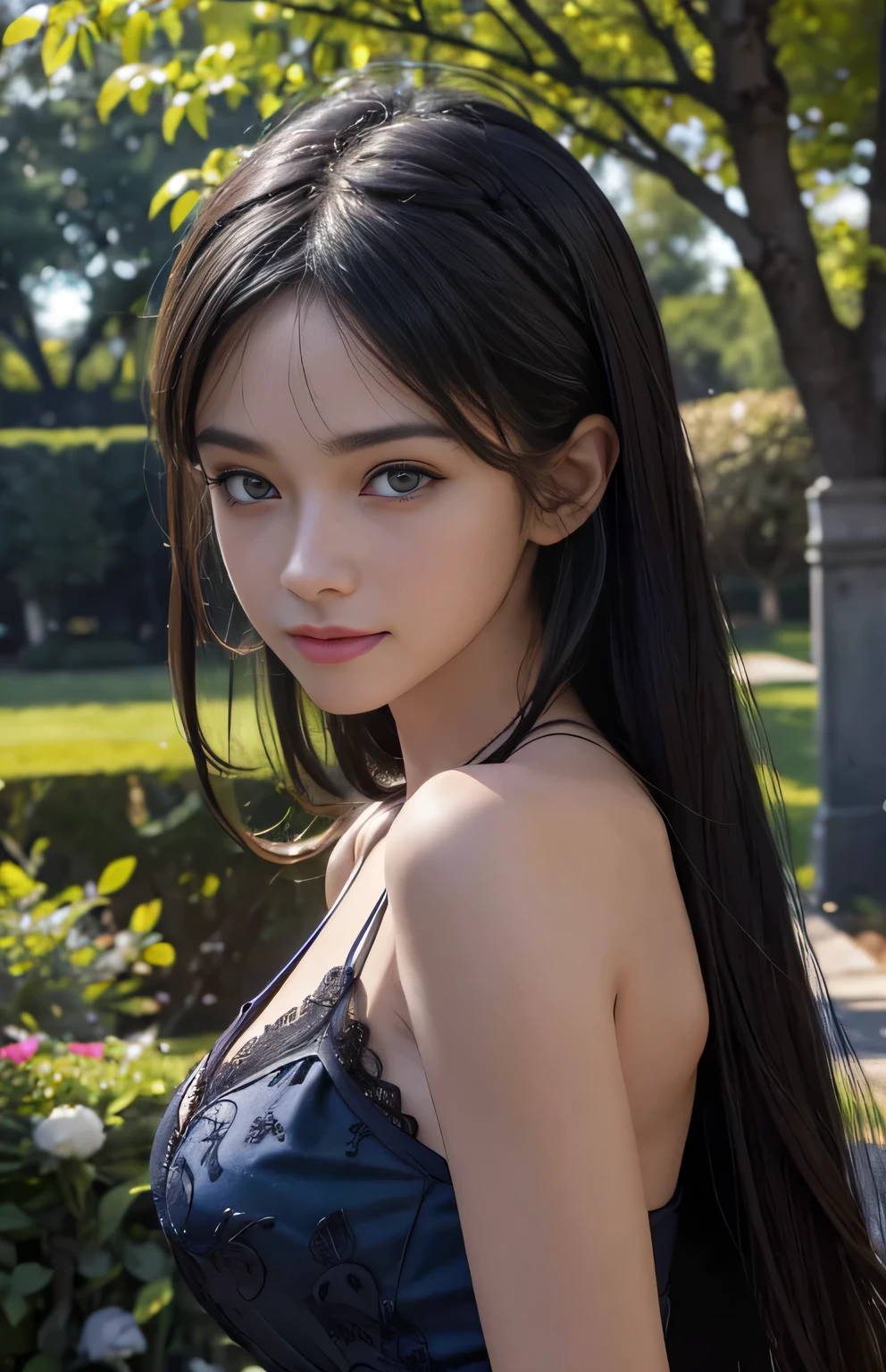 (Ultra-realistic) , (figure), (Increase the resolution), (8k), (Very detailed), (best figure), (Beautiful fine details), (highest quality), (Super detailed), (masterpiece), (wallpaper), (Detailed face), alone,1 girl, Looking at the audience, Black straight hair, Subtle details, In the Dark, Deep Shadow, Modest, Pure Erotic Face Ace_v1, Smile, Blue Summer Dress, whole body, garden