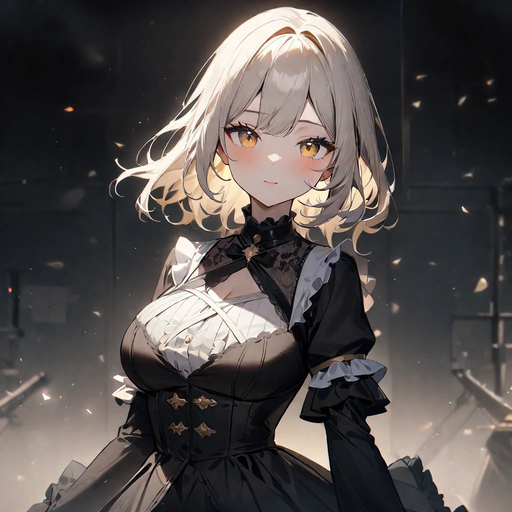 1 girl,best quality, very aesthetic, absurdres,looking at viewer,front view,Lovely lady,high-grade,layer,westfrill,light hair,multilayer,blackcolor,trim,(side-Crisscross),breasts,upscale,Layered,yellow pale