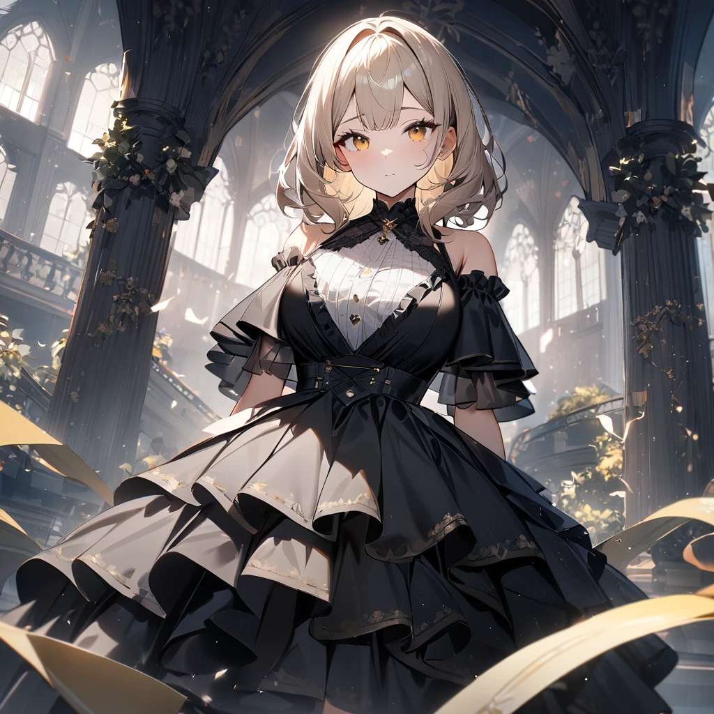 1 girl,best quality, very aesthetic, absurdres,looking at viewer,front view,Lovely lady,high-grade,layer,westfrill,light hair,multilayer,blackcolor,trim,(side-Crisscross),breasts,upscale,Layered,yellow pale