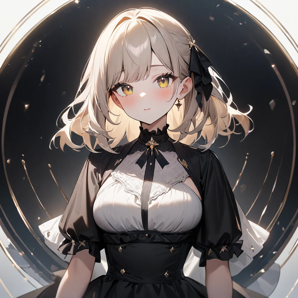 1 girl,best quality, very aesthetic, absurdres,looking at viewer,front view,Lovely lady,high-grade,layer,westfrill,light hair,multilayer,blackcolor,trim,(side-Crisscross),breasts,upscale,Layered,yellow pale