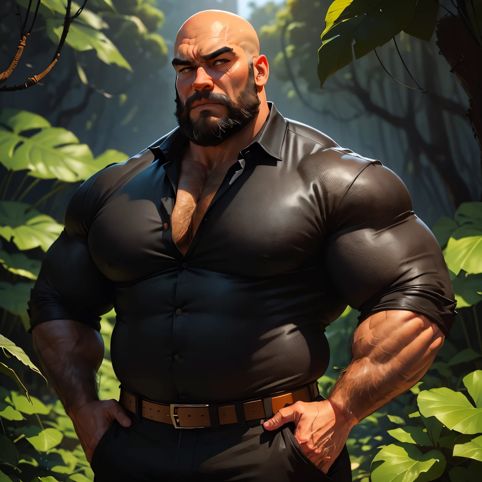 an exaggeratedly muscular and large bodyguard, grizzly old man, (bald: 1.2), beard, tan skin, (scars on face: 1.1), (suspicious expression: 1.1), (wearing black collared shirt: 1.2), pants with belt, (crotch bulge: 1.2), (bara pecs: 1.3), (hairy chest and forearms: 1.2), portrait HD, in the jungle