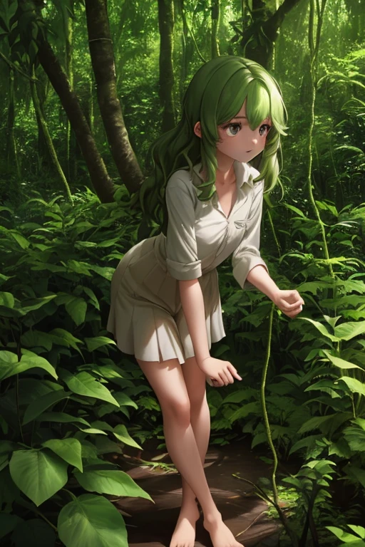 "A young girl is pictured in her natural jungle environment. She wears simple, practical clothing suited to life in the forest. Her hair is loose and disheveled, showing a connection with nature. The girl exudes an expression of determination and confidence, reflecting its adaptation to the wild environment. The lush vegetation around highlights its serene and harmonious presence with the jungle. The light filtered through the treetops creates a play of shadows and lights, adding depth and mystery to the scene."