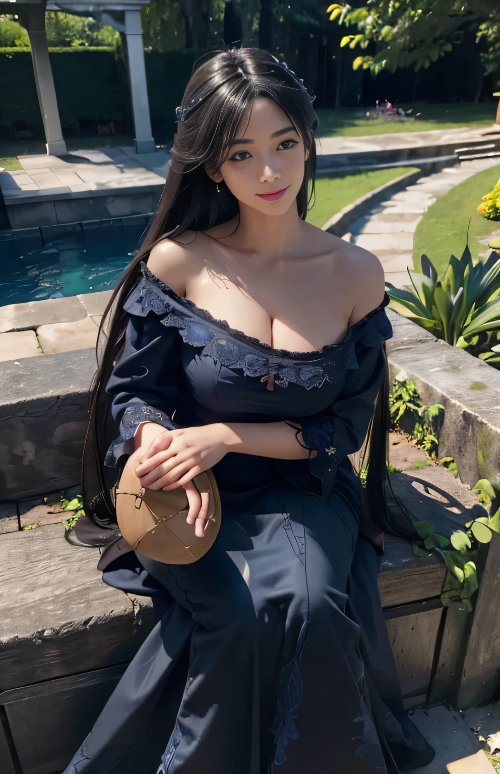 (Ultra-realistic) , (figure), (Increase the resolution), (8k), (Very detailed), (best figure), (Beautiful fine details), (highest quality), (Super detailed), (masterpiece), (wallpaper), (Detailed face), alone,1 girl, Middle age, Looking at the audience, Black straight hair, Subtle details, In the Dark, Deep Shadow, Smile, Blue Summer Dress, whole body, garden