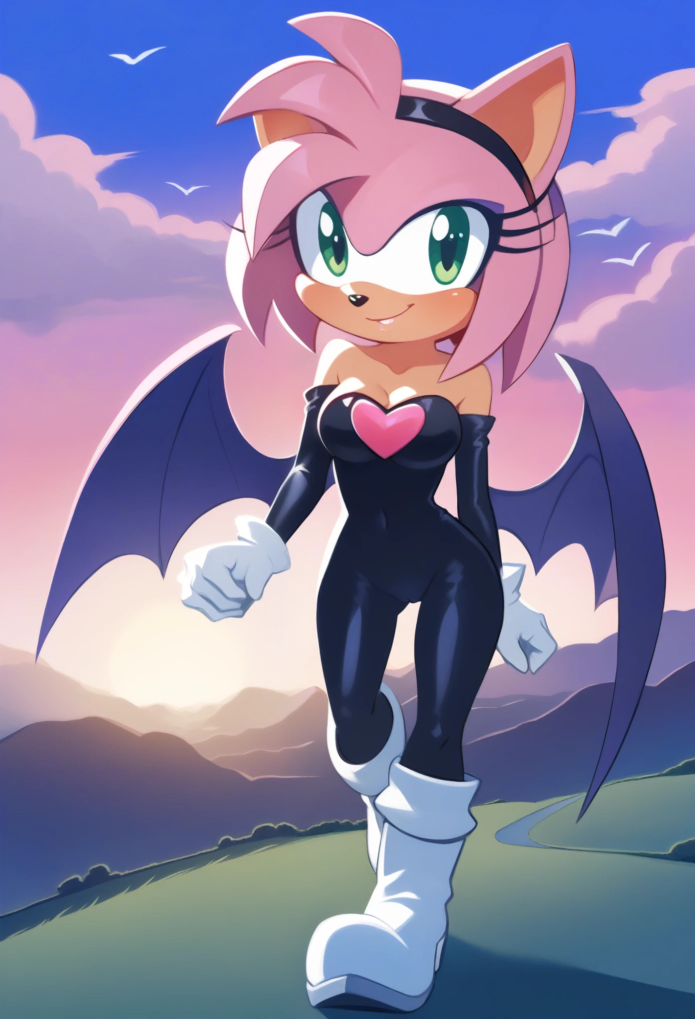 score_9, score_8_up, score_7_up, rating_explicit, female, Amy Rose, (Rouge the Bat Cosplay), no wings, 1 girl, solo, smile, green eyes, red hairband, bob hair, sky, outdoors, cloud, pink hair, sunset, bare shoulders, animal nose, black rubber bodysuit, pink heart on chest, cleavage, white gloves, white knee-high boots, valley, walking, arms at sides, 2D flat illustration.