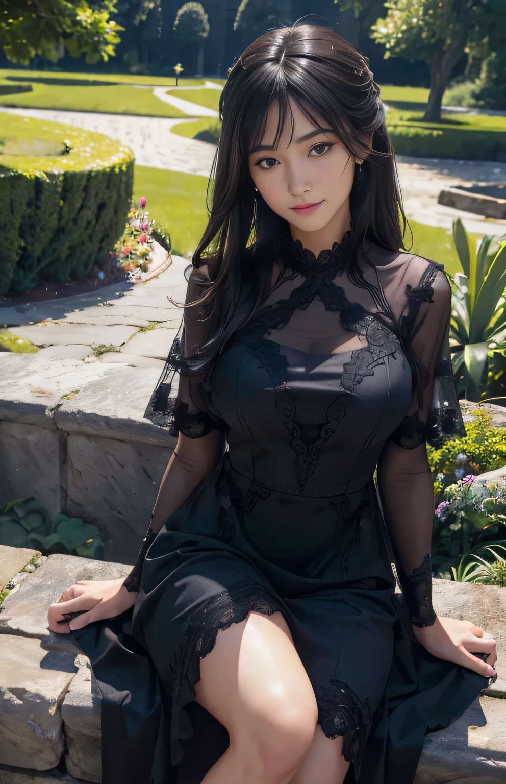 (Ultra-realistic) , (figure), (Increase the resolution), (8k), (Very detailed), (best figure), (Beautiful fine details), (highest quality), (Super detailed), (masterpiece), (wallpaper), (Detailed face), alone,1 girl, Middle age, Looking at the audience, Black straight hair, Subtle details, In the Dark, Deep Shadow, Smile, Blue Summer Dress, whole body, garden