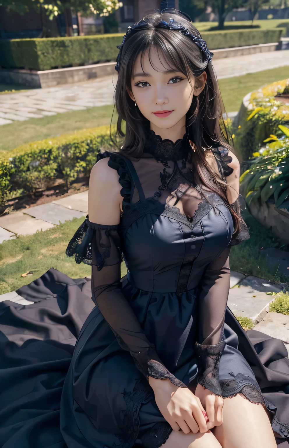 (Ultra-realistic) , (figure), (Increase the resolution), (8k), (Very detailed), (best figure), (Beautiful fine details), (highest quality), (Super detailed), (masterpiece), (wallpaper), (Detailed face), alone,1 girl, Middle age, Looking at the audience, Black straight hair, Subtle details, Smile, Blue Summer Dress, whole body, garden