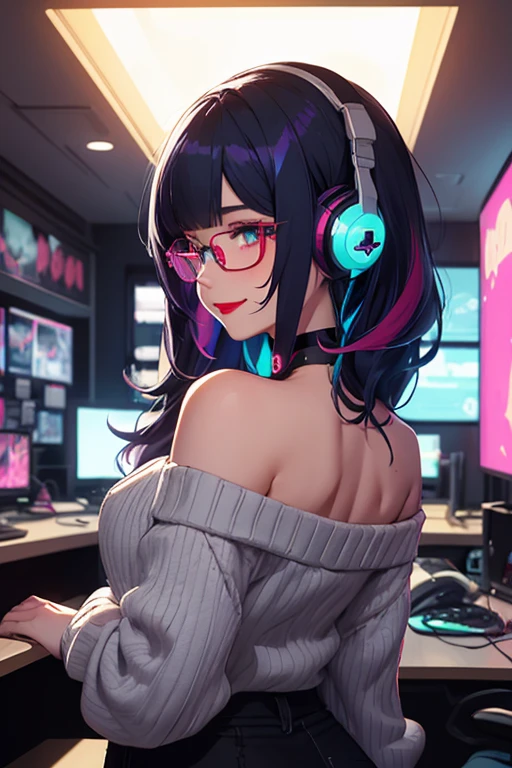 1girl, black hair, dark skin, long hair, big lips, red eyes, from behind, huge ass, thong, hoodie, light smile, blush, nose blush, indoors, bedroom, computer desk, pastel colors, computer monitor, standing, cowboy shot, hoodie, centered portrait, thick thighs, horizontal striped thigh highs, egirl aesthetic, plant, anime, smile, thick thighs, wide hips, narrow waist, hourglass figure, bimbo, one foot up, cat headphones