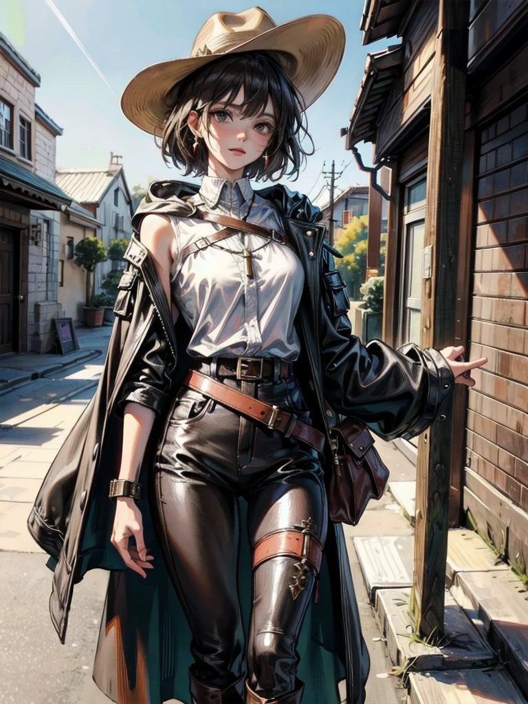 cool cowgirl, fantasy adventurer, cowboy hat, decorated hooded armor jacket, cross belt, Brown leather pants, Red leather long boots, absurdres, RAW photo, extremely delicate and beautiful, masterpiece, Best Quality, ultra high resolution, 32k, hyperrealistic, ultra-detailed, detailed description, pale skin, 20 years old, tearful mole, earring, short medium hair, wavy hair, whole body shot,