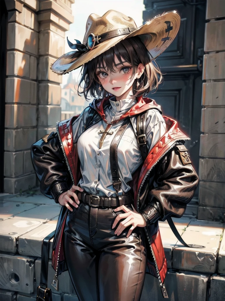 cool cowgirl, fantasy adventurer, cowboy hat, decorated hooded armor jacket, cross belt, Brown leather pants, Red leather long boots, absurdres, RAW photo, extremely delicate and beautiful, masterpiece, Best Quality, ultra high resolution, 32k, hyperrealistic, ultra-detailed, detailed description, pale skin, 20 years old, tearful mole, earring, short medium hair, wavy hair, whole body shot,