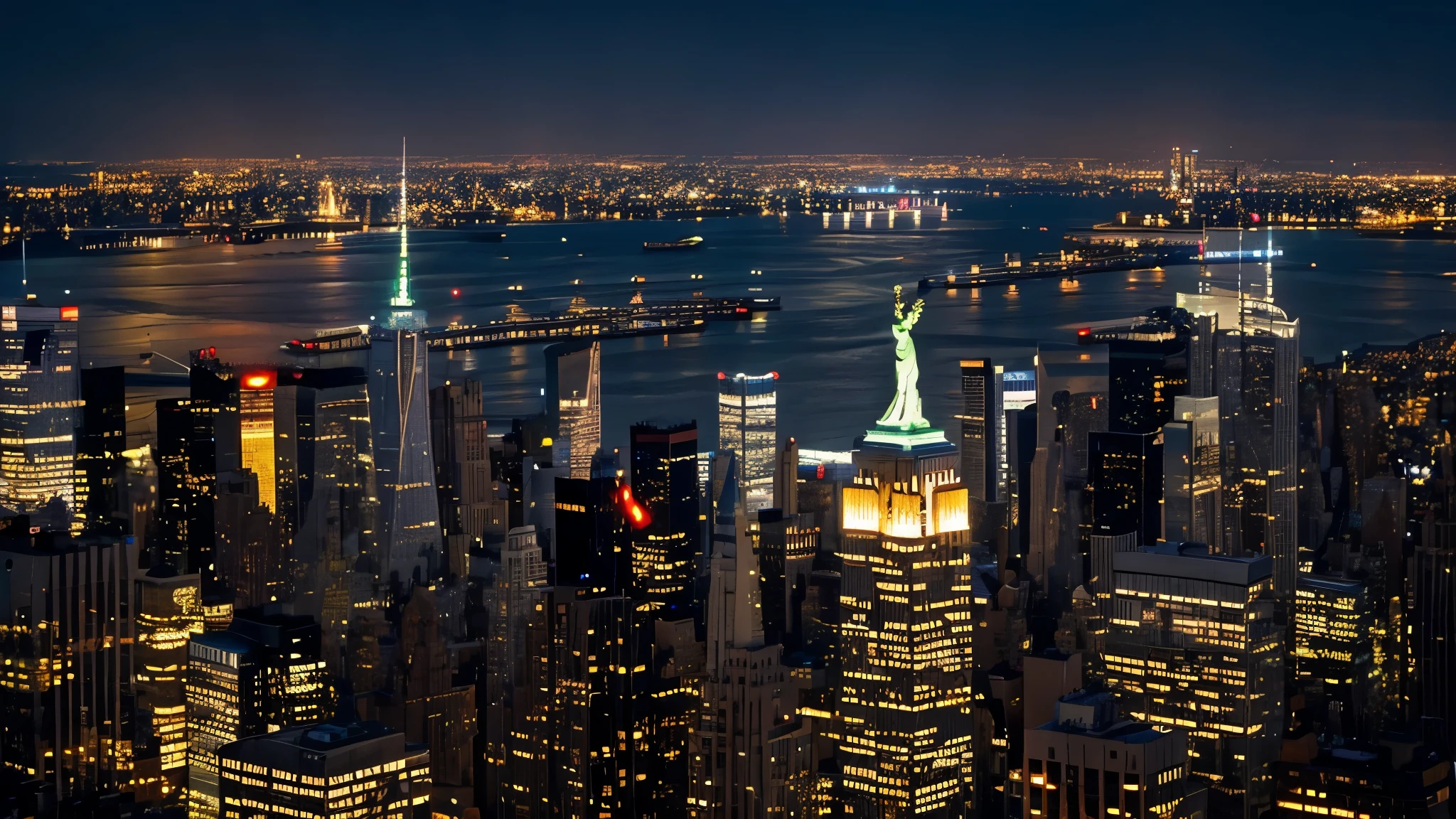 New York night view。Iconic buildings like the Empire State Building and the Statue of Liberty are illuminated