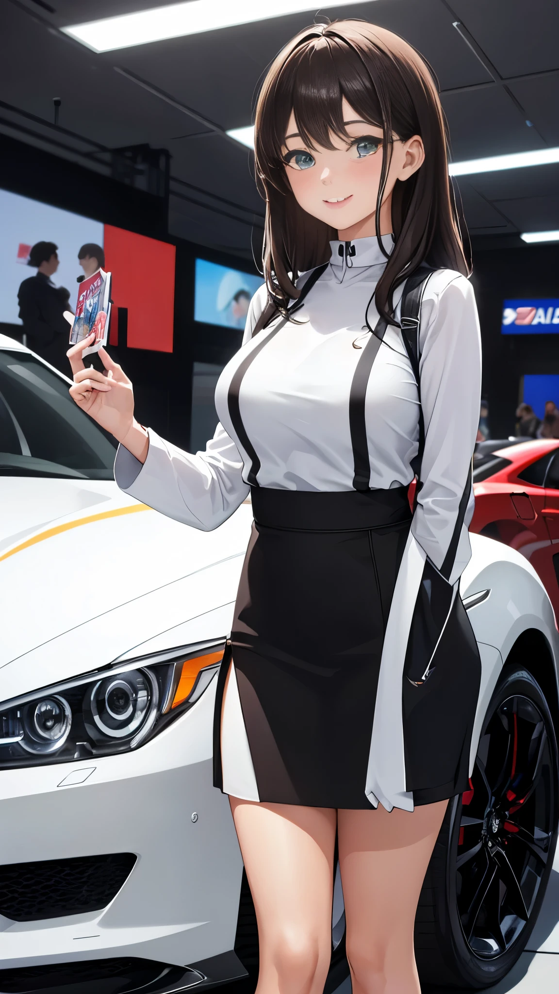 1lady solo standing, event staff (simple and futuristic costume), mature female, /(dark brown hair/) bangs, blush kind smile, (masterpiece best quality:1.2) delicate illustration ultra-detailed, large breasts BREAK (standing next to the latest model car), (holding pamphlet) BREAK (motor show indoors), audience, detailed background