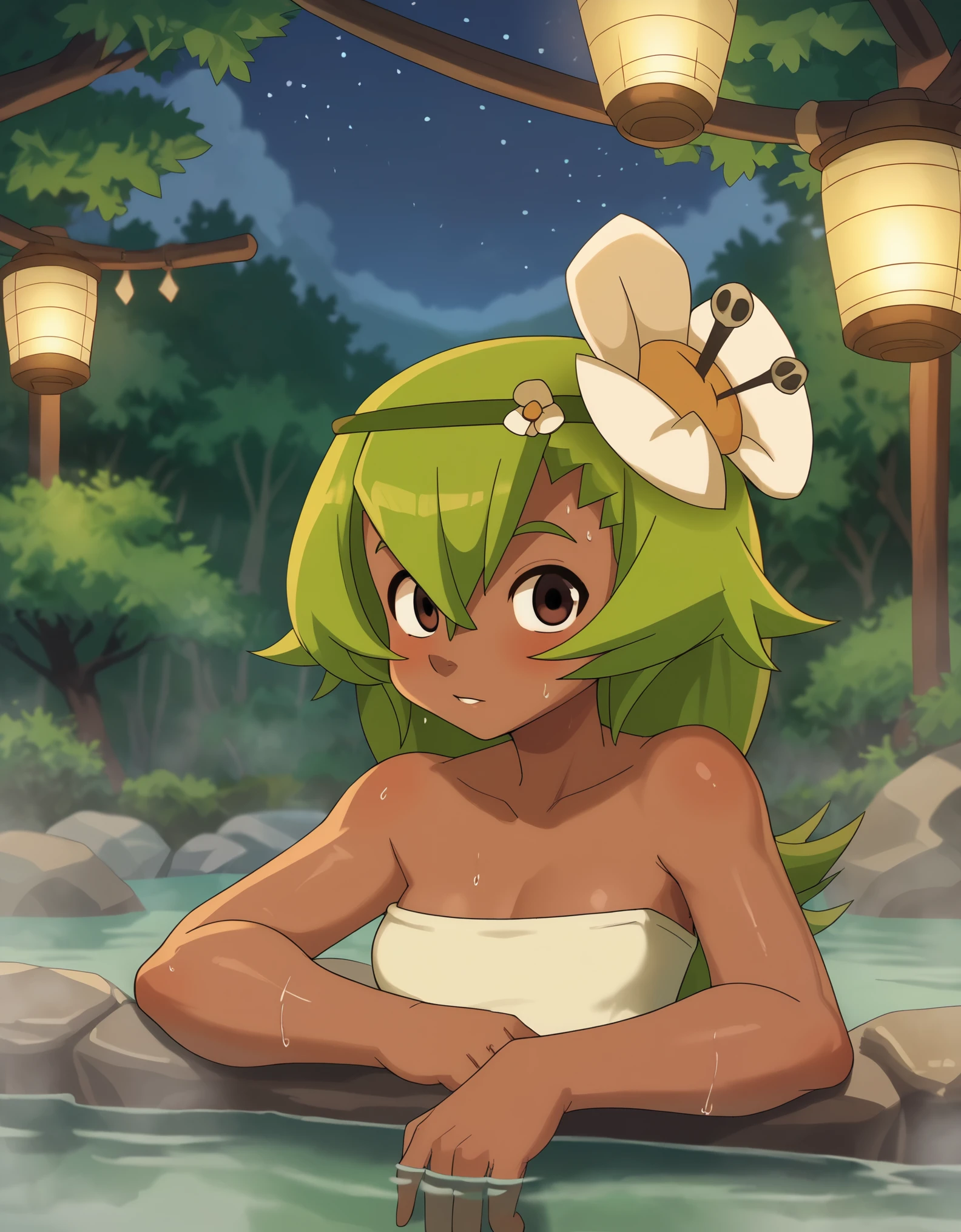 score_9, score_8_up, score_7_up, anime screenshot, looking at viewer, clouds 1girl, amalia sheran sharm, green hair, green hairband, hair ornament, hair flower, dark skin, brown eyes,, onsen, water, thermal source, submerged, steam, outdoors, rocks, bushes, grass, night, lantern, looking at viewer, sweating