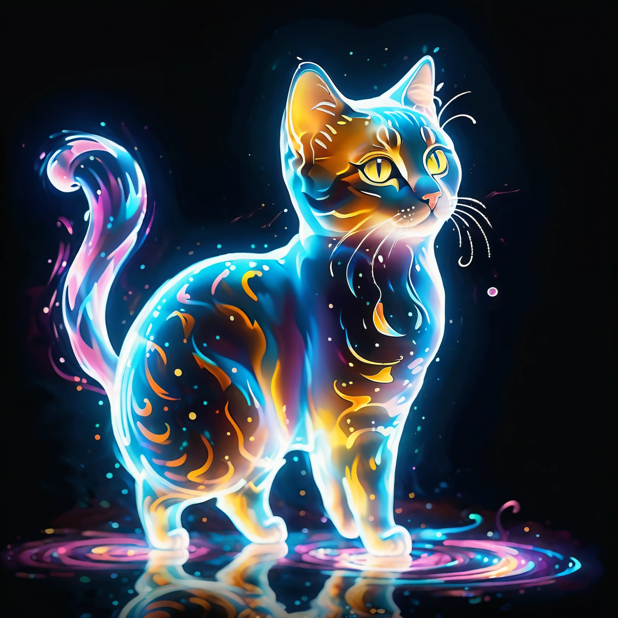 Glowing energy forms the shapes of a cute cat, forming intricate patterns that seem to ripple and shift with the passage of time.