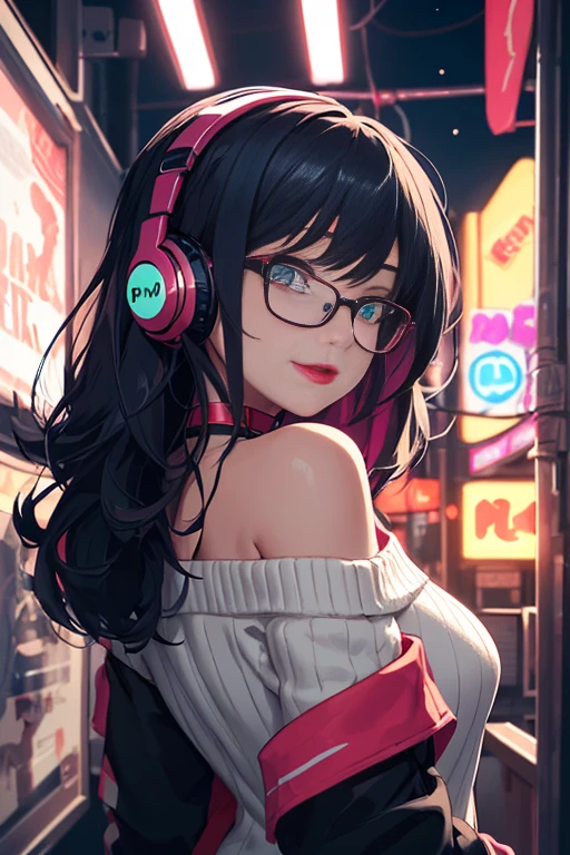 (Best quality, Ultra detailed, Masterpiece:1.2), 1girl, perfect face, female, gamer girl, aqua eyes, cherry-red lips, light smile, long black hair, purple streaked hair, purple highlights, bangs, choker, nerdy glasses, wearing headphones, topless, breasts revealing, nipples, nighttime, neon lights in the background, colorful lights