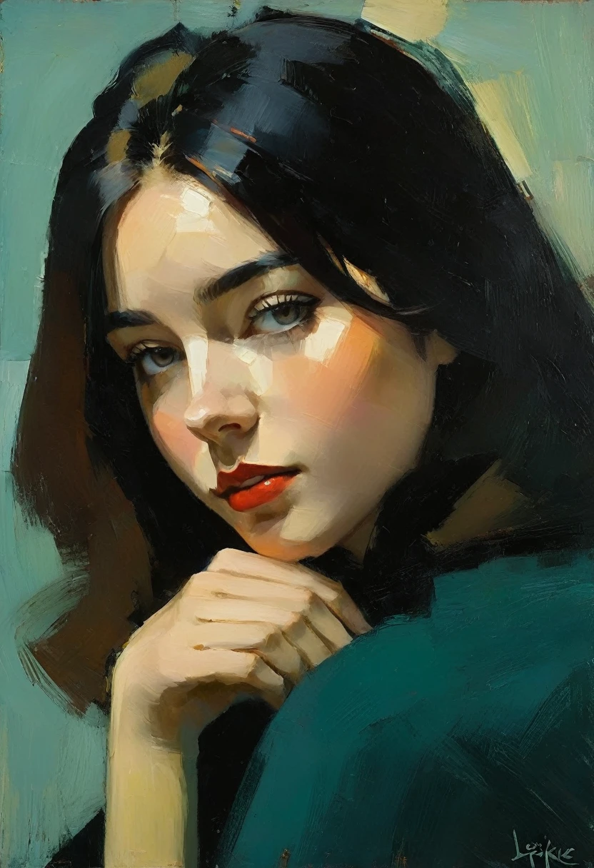 Create an evocative oil painting inspired by Malcolm Liepke, based on the provided image. Capture the intense, introspective expression of the young subject using thick, Incorporate earthy tones, deep blues, and warm browns to create a harmonious and inviting composition. Highlight the emotional depth and vulnerability in the subject's gaze, emphasizing the play of light and shadow on their face. Maintain a simple, textured background that complements the subject's contemplative presence. Focus on the tactile quality of the oil paint to convey the raw emotion and intimacy characteristic of Liepke's style.