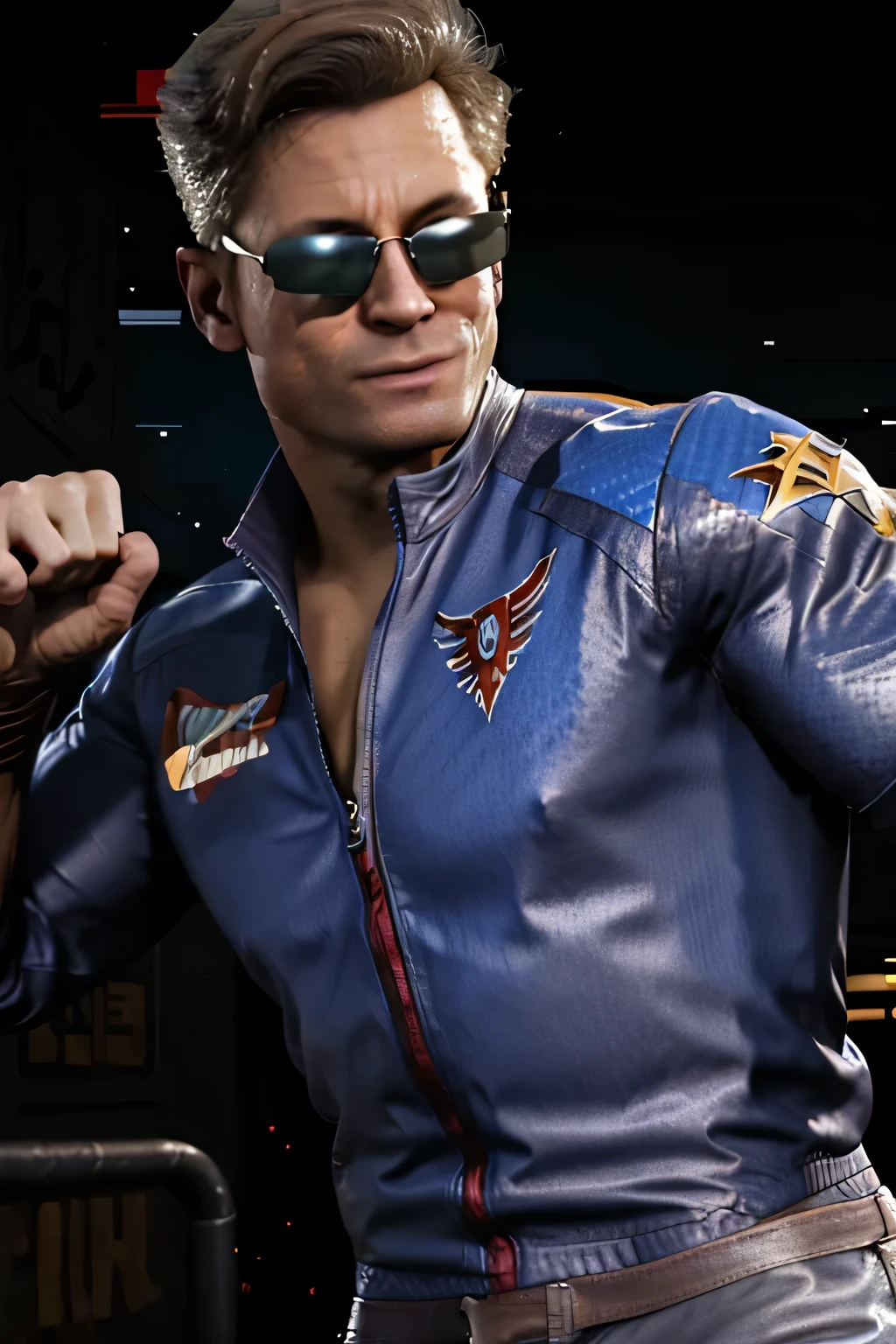 (Johnny Cage), cocky smirk, fists, sunglasses, Mortal Kombat, Character Design, dynamic lighting, cool and bright colors, (blue jacket, shirtless, arms tattoo) black jeans, upper body shot