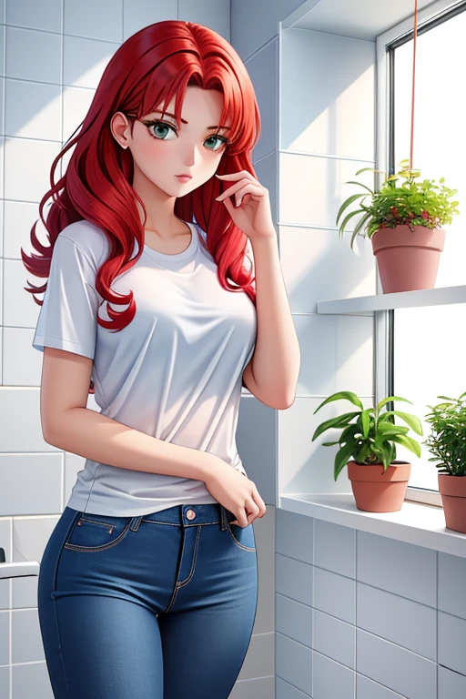 A young 19-year-old redhead stands in front of a broken mirror in the bathroom. Her bright red hair falls in curls over her shoulders. She wears a simple white T-shirt and faded jeans. Her face is close to the mirror, her eyes intense greens focused on her distorted reflection. The broken mirror creates irregular patterns on her pale skin. She appears pensive, perhaps reflecting on her own image and identity. The environment is simple, with white tiles on the walls and a pot of green plants in the corner. The scene conveys a sense of intimacy and introspection.