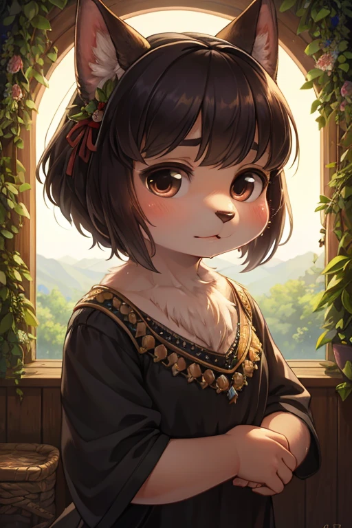 realistic hairy fur , round face , moist round eyes , Swollen cheeks , hair ties , Short stature , masterpiece, highest quality,  Absurd, View Viewer, alone, Rita Rossweisse (A Midsummer Night&#39;s Dream), Rita Rossweisse, shirt, pantyhose, Red Rose, Red eyes, Blonde Hair, Long sleeve, Mole under the eye, Hair on one eye,  frilled shirt, white shirt,  Captivating smile,  (Ulzzang-6500:0.8), Long Hair, Day, Outdoor black pantyhose