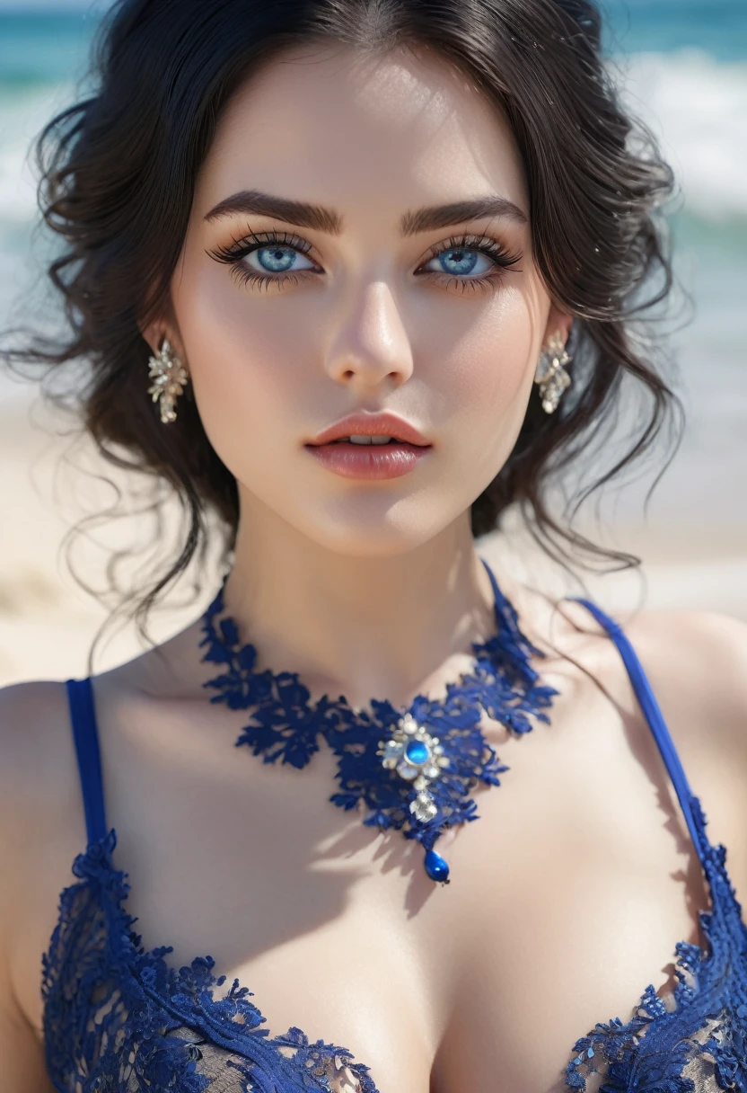 (best quality, 4k, 8k, high resolution, masterpiece: 1.2), ultra-detailed, (realistic, photorealistic, photorealistic: 1.37), beautiful detailed eyes, beautiful detailed lips, extremely detailed face, long eyelashes, medium : courtesan outfit, loose black hair, blue eyes shining intensely, sensual body, lace bustie, fine lace details, beach, subtle sunlight