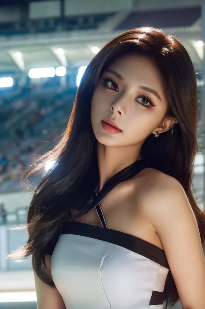 Tzuyu 1, woman, (Realistic), (Hyperrealism), (photoRealistic), Depth of written boundary, eye make up:0.7 (whole body:1.2), (Large Bust),(Tight waist), Watching the audience,In the pits at the racing track, Race Queen, Sexy dress with open shoulders and neckline