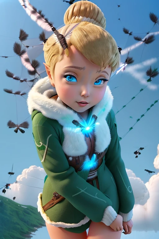 masterpiece, 8k, Perfect lighting, , Adult, woman, View Viewer, Cinema Lighting, Cowboy Shot, (Tinkerbell:1.5), (TinkerbellWaifu:1.1), Single hair bun, (緑のwinter用コート), (Green clothes), ((Clothes made from leaves)), Pointed Ears, blue eyes, (Fine grain:1.2), blush, ((上fly in the sky)),((( (fly in the sky:1.8)))), cloud, , winter, snow, forest, island,