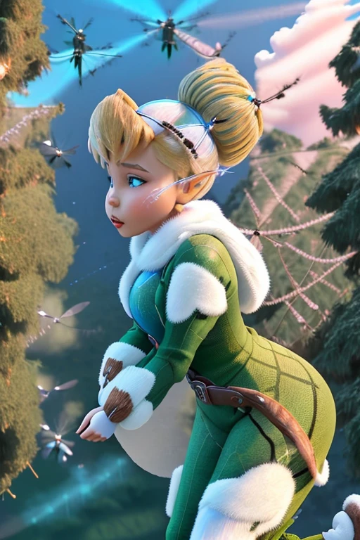 masterpiece, 8k, Perfect lighting, , Adult, woman, View Viewer, Cinema Lighting, Cowboy Shot,  (Tinkerbell:1.5), (TinkerbellWaifu:1.1), Single hair bun, (緑のwinter用コート), (Green clothes), ((Clothes made from leaves)), Pointed Ears, blue eyes, (Fine grain:1.2), blush, ((上fly in the sky)),((( (fly in the sky:1.8)))), cloud, , winter, snow,  forest, island, 