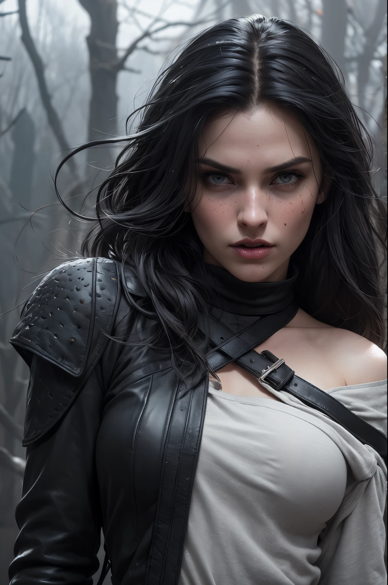 linda com longos cabelos brancos,olhos azuis como safiras, semelhanate a yennefer do jogo the witcher, She wears a black leather jacket and is in the middle of a fierce battle against enemy soldiers...., your face is stained with freckles, Your skin is white, and his expression is angry