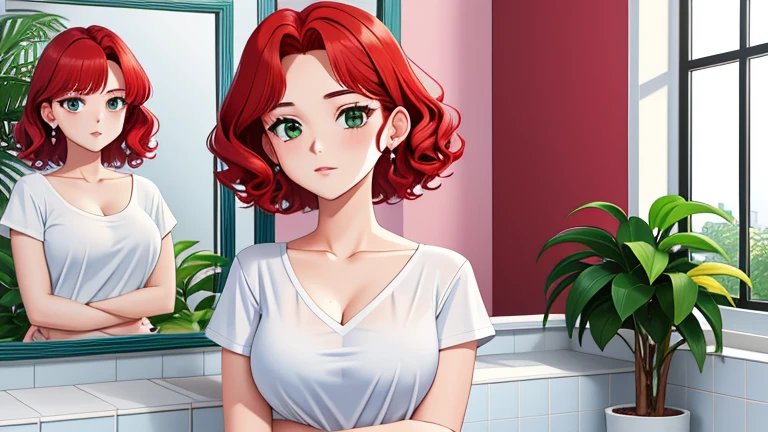 A young 19-year-old redhead stands in front of a broken mirror in the bathroom. Her bright red hair falls in curls over her shoulders. She wears a simple white T-shirt and faded jeans. Her face is close to the mirror, her eyes intense greens focused on her distorted reflection. The broken mirror creates irregular patterns on her pale skin. She appears pensive, perhaps reflecting on her own image and identity. The environment is simple, with white tiles on the walls and a pot of green plants in the corner. The scene conveys a sense of intimacy and introspection.