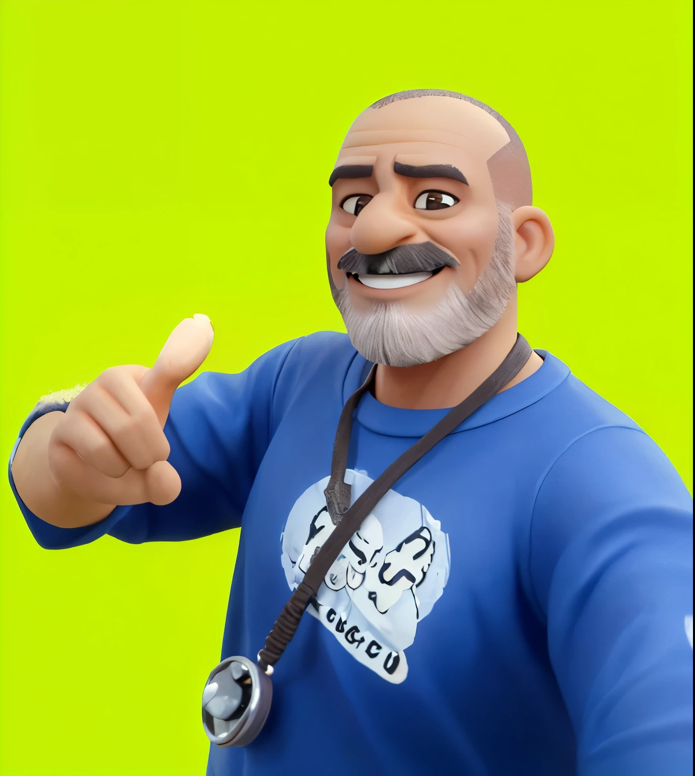 Make an image that looks exactly like this example. cabelo curto, quase careca, cabelo castanhos, barba semi grisalha, pele negra, render in typical Disney Pixar style, smiling at the camera. Sharp and detailed, 8K, hiper-realista, Kodak 200T, dramatic lighting, fundo minimalista