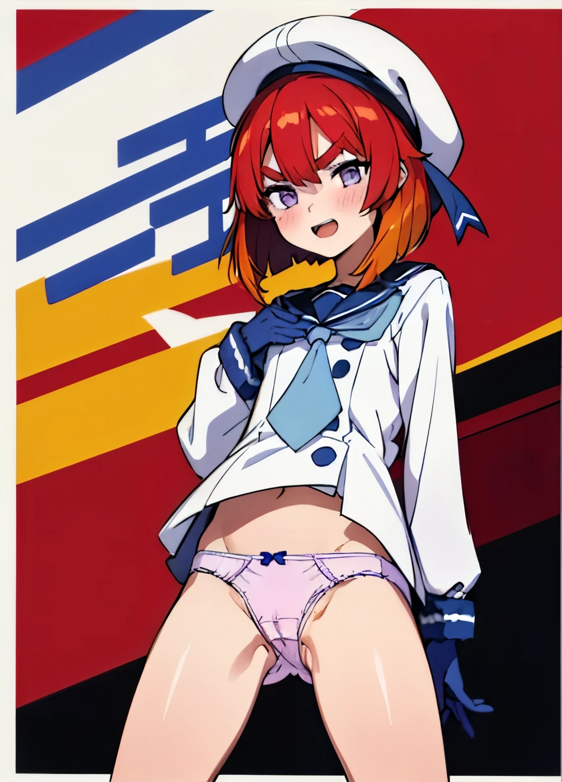 masterpiece, highest quality,
One Girl, alone,
Bent over, close, smile, Open your mouth,Blushing Etorofu \(Fleet Collection\), short hair, Redhead, Bobcut, Twin Blade, Thick eyebrows, Purple eyes, Side goodid, Twin Blade, , flat_chest, ,((Browsing Caution))
, serafuku, White Hat, Blue neckerchief, Blue Ribbon, Hair Ribbon, White gloves, (Panty shot), Squat,((Browsing Caution)), (panties), (good), (In underwear), (Flashy underwear), (lingerie), ,((show off pussy crotch grab))