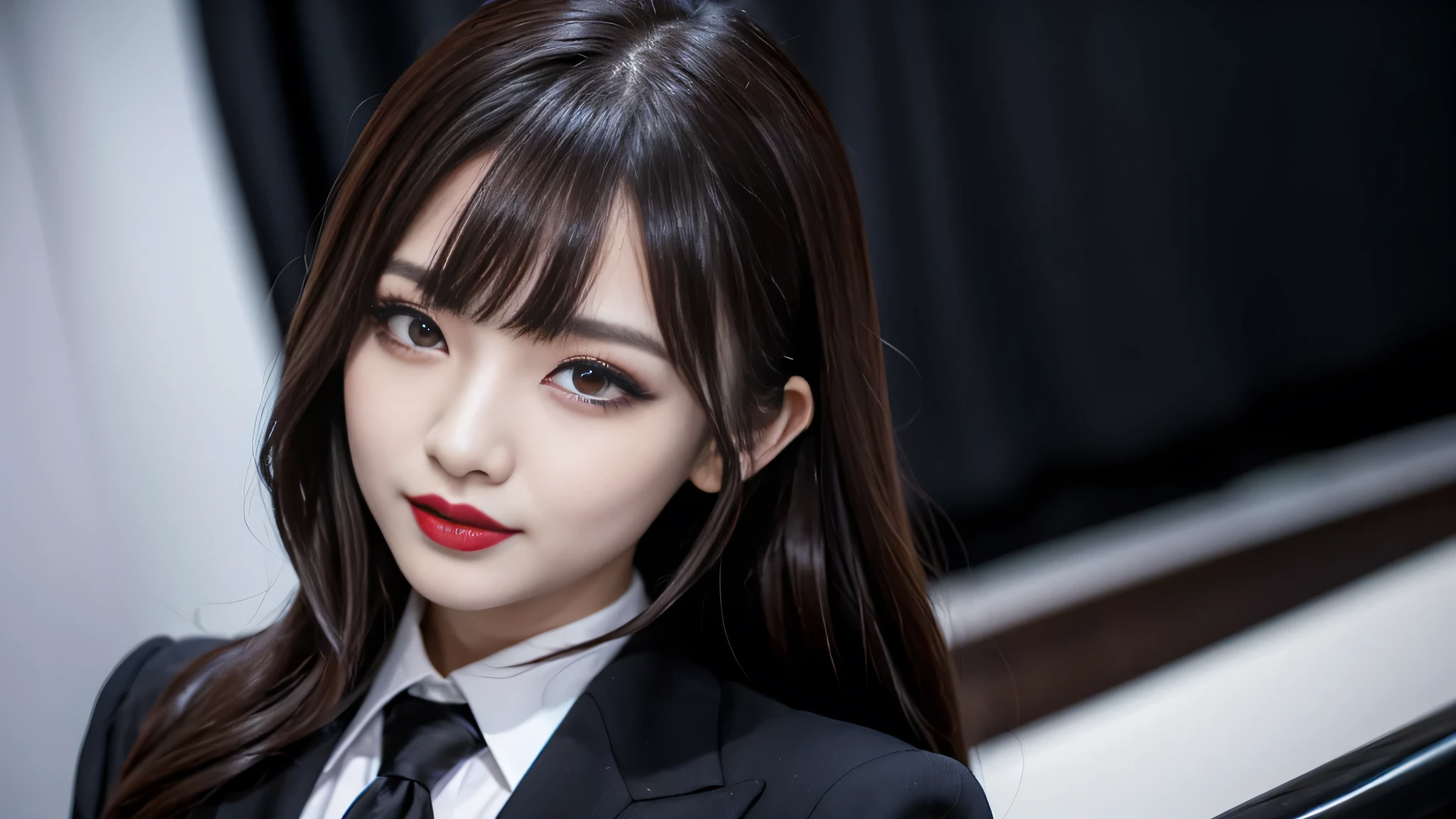 best quality、ultra-detailed、4k、Japanese、Seductive beauty、seductive adult woman、Pretty Woman、cool girl、Villainess、Brainwashed、brainwash、Fallen into evil、smirk、Evil look、Wicked Smile、evil、Brown hair、wavy hair、swept bangs、dark makeup、dark makeup、piercing eyes、hollow eyes,half-closed eyes、Hollow Eyes、purple Eyeshadow、black lipstick、black lipglos、office staff suit、suit、Jacket、Black sleeves、White Shirt、Black Ribbon、Tight Skirt、pantyhose、night、inside darkroom、Are standing、shoot from below、Have lipstick、Emblem of Evil、Crest of Darkness、Swear allegiance、I have pledged my allegiance、Dye black、Blackening、Stained with evil、Dyed in darkness、Seduce