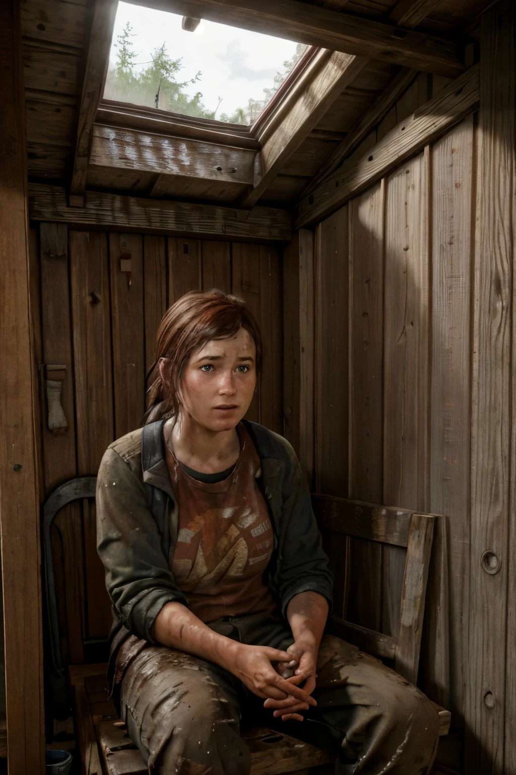 ellie, dirty, in a wooden shed, sitting on an old bed, sad, drinking from a broken cup, realistic,
outside the window,
photorealistic, hires, 8k, best quality, finely detailed