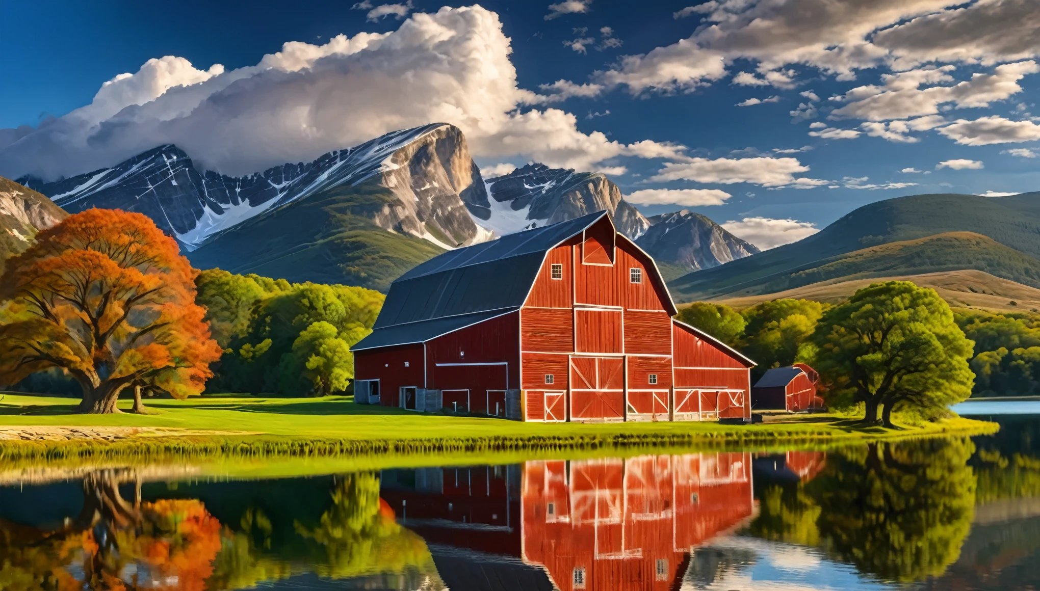 Glowing energy forms the shapes of a large red barn next to a big oak tree and a reflecting lake with mountains in the background and cumulus clouds in the sky, forming intricate patterns that seem to ripple and shift with the passage of time.