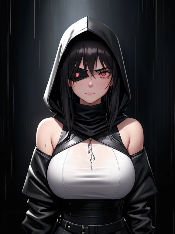 A 20-year-old girl, murderous, with dark hair and piercing eyes, wears a simple black hood that partially covers her face. She is in a dark environment during a rainy night, with raindrops running down her face. His posture is firm and determined, with his shoulders slightly tilted forward, indicating readiness for action. The lighting of the scene highlights the details of his serious and focused expression, while the dark atmosphere highlights his mysterious and lethal aura.