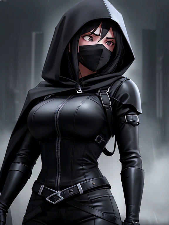 A 20-year-old girl, murderous, with dark hair and piercing eyes, wears a simple black hood that partially covers her face. She is in a dark environment during a rainy night, with raindrops running down her face. His posture is firm and determined, with his shoulders slightly tilted forward, indicating readiness for action. The lighting of the scene highlights the details of his serious and focused expression, while the dark atmosphere highlights his mysterious and lethal aura.