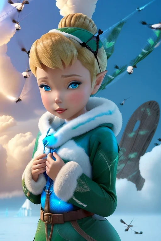 masterpiece, 8k, Perfect lighting, , Adult, woman, View Viewer, Cinema Lighting, Cowboy Shot,  (Tinkerbell:1.5), (TinkerbellWaifu:1.1), Single hair bun, (緑のwinter用コート), (Green clothes), ((Clothes made from leaves)), Pointed Ears, blue eyes, (Fine grain:1.2), blush, ((上fly in the sky)),((( (fly in the sky:1.8)))), cloud, , winter, snow,  forest, island, 